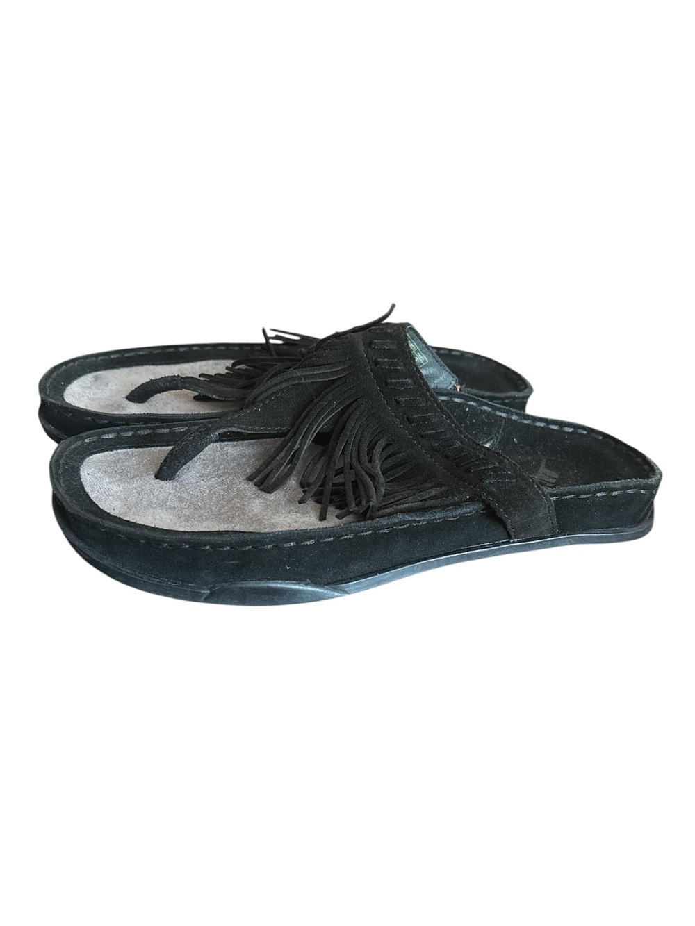 Earth Brand Fringed Black Suede Women's Slide Thong Sandals